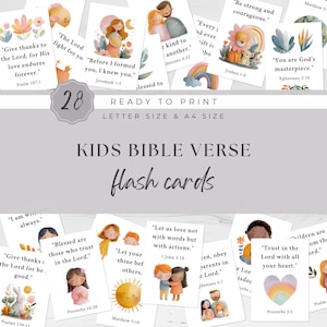 May include: A collection of illustrated Kids Bible Verse flash cards. The cards feature colorful illustrations and inspirational quotes from the Bible. The text "KIDS BIBLE VERSE flash cards" is displayed prominently.