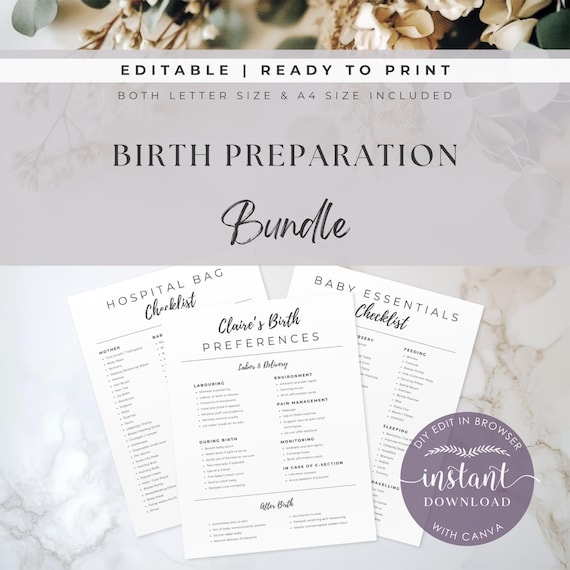 Packing List for Hospital Birth, Natural Birth Plan Template, Baby Essentials List, Editable Canva Template, Hypnobirth VBAC Preferences