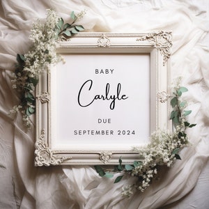 Anúncio de gravidez floral elegante, revelação de gênero, modelo digital de canva, flatlay de mídia social de moldura simples, novo bebê, edite você mesmo, faça você mesmo