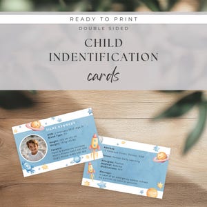 Leuk ruimtethema bewerkbare kinder-ID-kaart, DIY digitale canvassjabloon, afdrukbare kinderidentificatiebadge, medische allergietag, kinderveiligheid