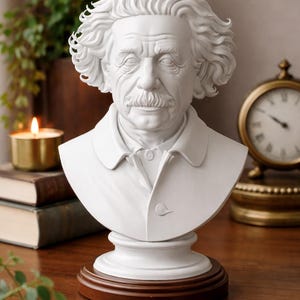 May include: A white bust of Albert Einstein with detailed facial features, including a moustache and wavy hair. The bust is mounted on a dark wooden base. A candle, books, and a clock are in the background.