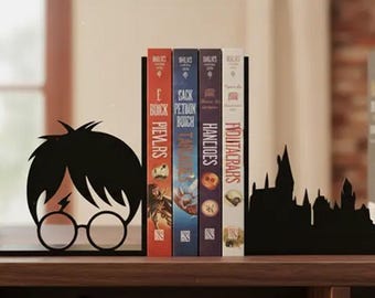 Magical Wizard Bookends – Round Glasses & Castle Silhouette – Fantasy Library Decoration – Reader Gift