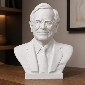 Peut inclure: Buste blanc d'un homme portant des lunettes, un costume et une cravate. La sculpture est posée sur une surface en bois. Le buste est une représentation détaillée du visage et du haut du corps de l'homme.