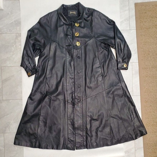 Images By Damselle Black Leather Trench Coat Vintage Duster Women's Sz Large