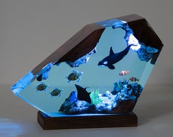 Veilleuses en résine pieuvre et plongeur, lampe en résine tortues pour décoration intérieure, épave miniature, bateau pirate, cadeau lampe époxy unique pour couple