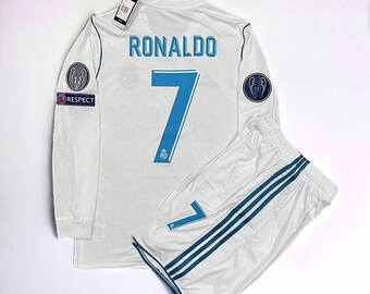 Kit complet Real Madrid 2017-2018 Domicile, maillot Cristiano Ronaldo n°7 de la Ligue des Champions, short, tenue de football à manches courtes et manches longues