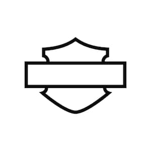 May include: Black and white emblem with a shield shape. The emblem has a rectangular space in the middle, and a curved top and bottom. The design is a simple, bold outline.