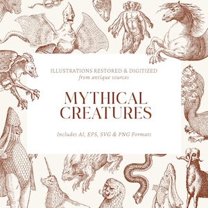 Puede incluir: Ilustración en tonos sepia con criaturas míticas, como un dragón alado, un unicornio y una serpiente. El texto central dice "MYTHICAL CREATURES" con la leyenda "ILLUSTRATIONS RESTORED & DIGITIZED from antique sources."