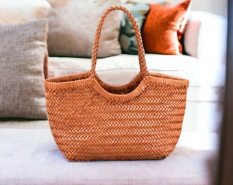 Sac fourre-tout pour femme en cuir de vachette fait main, sac à main tissé à la française, sac à main de voyage d'été sur la plage, panier de légumes, cadeau pour elle