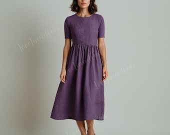 Loose Cotton and Linen Short Sleeve O Neck Women Dress A-Line Pockets Dress Vintage Loose Dress