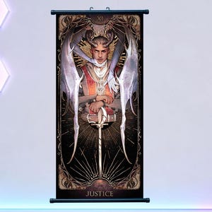 May include: A vertical wall hanging featuring a detailed illustration of a figure with horns, wings, and a sword. The artwork is set against a dark background with gold accents and the word "JUSTICE" at the bottom. The overall color scheme is dark with red and gold highlights.