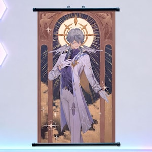 May include: A wall scroll featuring an anime-style illustration of a character in a white coat and purple accents. The artwork has a golden halo and a celestial theme, with a black rod at the top and bottom for hanging.