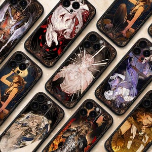 May include: A selection of smartphone cases, each displaying a distinct illustration. The cases have dark borders and detailed artwork. The designs feature various characters and scenes, with a focus on fantasy and artistic themes, creating a visually rich collection.