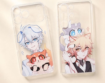 May include: Two clear phone cases featuring anime-style illustrations. The left case shows a character with white hair holding a small orange creature. The right case depicts a character with blonde hair and a small grey creature perched on their head.