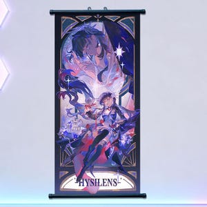 May include: A vertical wall scroll featuring an anime-style illustration. The artwork depicts two figures in a celestial setting, with a color palette of blues, purples, and whites. The text "HYSILENS" is at the bottom of the scroll.