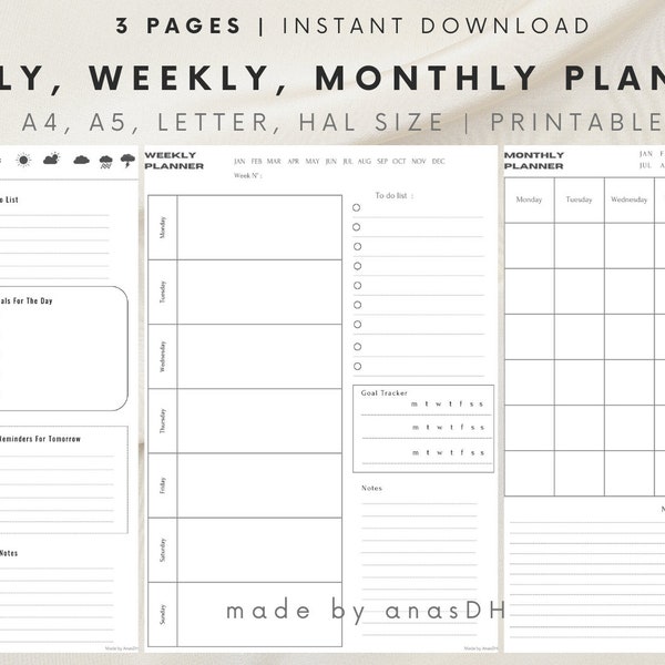 Daily Planner, Weekly Planner, Monthly Planner,Productivity Planner, Daily Overview, Instant Download,Printable PDF A4/A5/Letter/Half Size