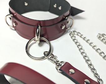 Collar Burgundy Leather O Ring Choker with Leash Handmade Adjustable  Accessory