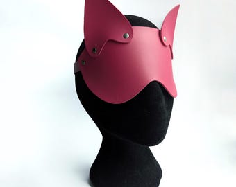 Máscara rosa com venda e orelhas de gato / Couro genuíno ou couro vegano