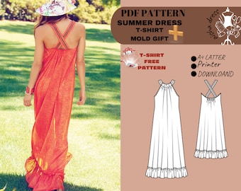 Summer Sewing Pattern Set: Cross-Back Maxi Dress and Bonus T-Shirt Pattern - Sizes 36-42 | Digital Download"