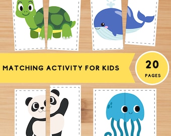 Animal Matching Puzzle Printable for 2, 3 year old, Prek Matching Game,  Busy Book Page, Homeschool Preschool and Kindergarten Activity