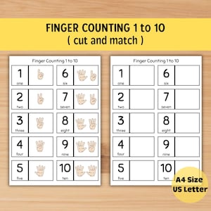 May include: Two printable worksheets for learning to count from 1 to 10 using fingers. Each worksheet has a number, the word for the number, and a picture of a hand showing the corresponding number of fingers. The worksheets are labeled "Finger Counting 1 to 10".