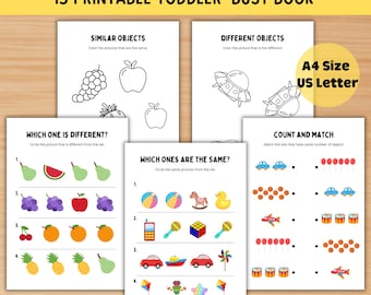 13 Printable Toddler Busy Book, Homeschool Preschool Matching Toddler Activity Pages, Pre-K Toddler Worksheets, Count and Matching Worksheet