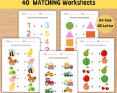 40 Matching Worksheets, Preschool Matching Activity for Kids, Printable Toddler Busy Book, Color Number Planet Animal Matching,Matching Game