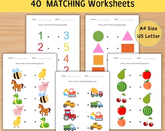 40 Matching Worksheets, Preschool Matching Activity for Kids, Printable Toddler Busy Book, Color Number Planet Animal Matching,Matching Game