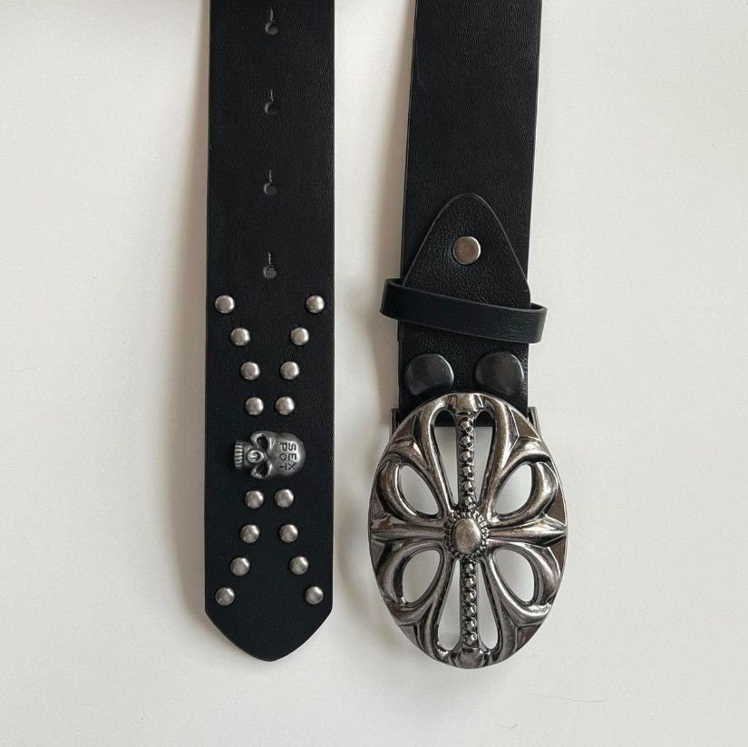 Y2K 2000s Skeleton Chrome Cross Studded Goth Emo Black Belt