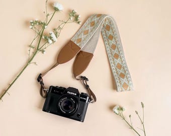 Geborduurde boho-camerariem – geweven spiegelreflexcamera-retroaccessoire beige geometrisch borduursel