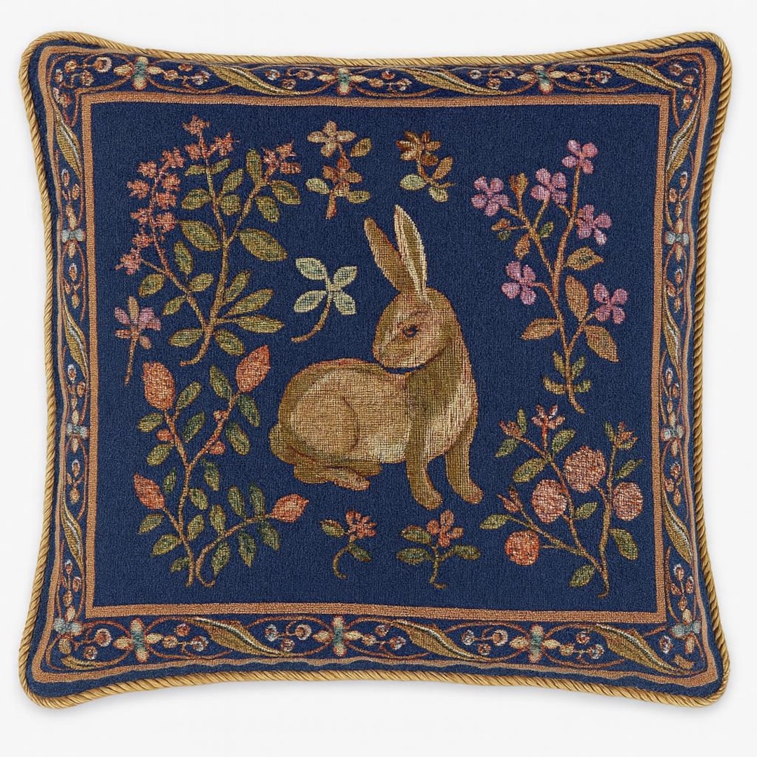 Blue Floral Rabbit Tapestry Pillow Cover: Vintage Woven Throw Pillow - Etsy