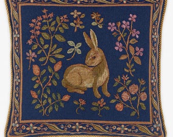 Blue Floral Rabbit Tapestry Pillow Cover: Vintage Woven Throw Pillow