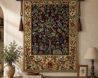 Tree of Life William Morris Jacquard Woven Tapestry Wall Hanging Red