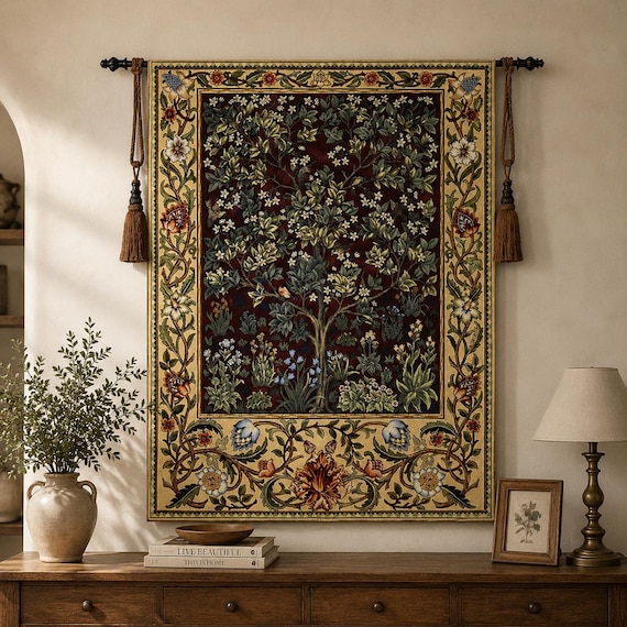 Tree of Life William Morris Jacquard Woven Tapestry Wall Hanging Red