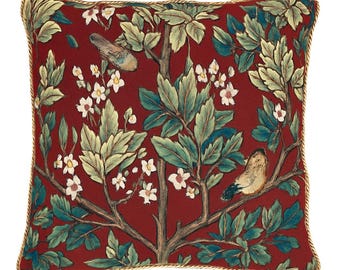 Vintage Red Jacquard Cushion Cover with Birds and Floral Tapestry Pattern
