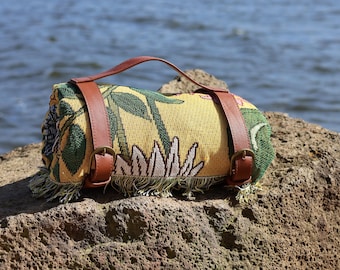 Floral Knitted Throw Blanket: Picnic Mat with Optional Carry Strap