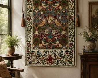 Strawberry Thief Tapestry Wall Hanging – William Morris Art, Bohemian Vintage Decor