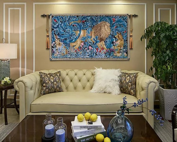 Tenture Murale The Forest - Lion, 140x87 Cm, Jacquard Coton (Art Déco, William Morris)