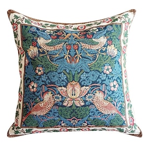 William Morris Strawberry Thief Pillow Cover: Woven Cotton Arts & Crafts Cushion