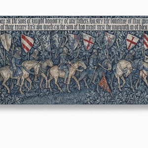 May include: A blue and beige tapestry showing knights on horseback, carrying flags and shields. The artwork has a decorative border and tassels. The text at the top reads: "mof their oft the sons of kurgibi honour ky of war fathers..." The tapestry is suitable for wall decor.