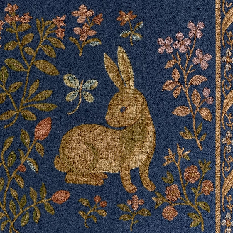 Blue Floral Rabbit Tapestry Pillow Cover: Vintage Woven Throw Pillow - Etsy