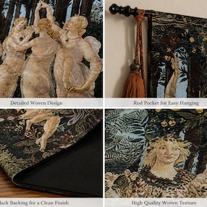 May include: A woven wall tapestry featuring a detailed classical scene with figures in a forest setting. The textile includes a rod pocket for hanging, a solid black backing, and a textured surface. The design displays intricate patterns and colors.