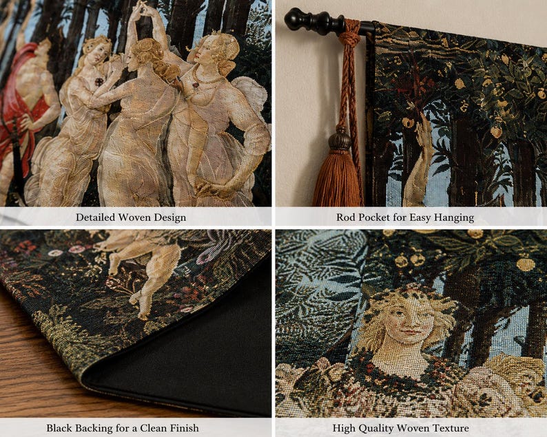 May include: A woven wall tapestry featuring a detailed classical scene with figures in a forest setting. The textile includes a rod pocket for hanging, a solid black backing, and a textured surface. The design displays intricate patterns and colors.