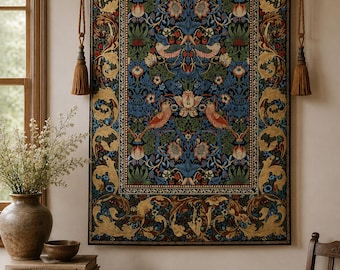 May include: A rectangular wall tapestry featuring a dense botanical pattern with birds, flowers, and foliage in shades of blue, green, red, and gold. The tapestry is suspended from a dark metal rod with decorative tassels on each side.