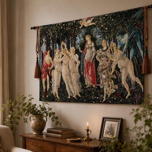 May include: A rectangular wall tapestry featuring a reproduction of Botticelli's Primavera painting, depicting mythological figures in a dark forest setting. The tapestry is suspended from a dark metal rod with decorative brown tassels on each side.