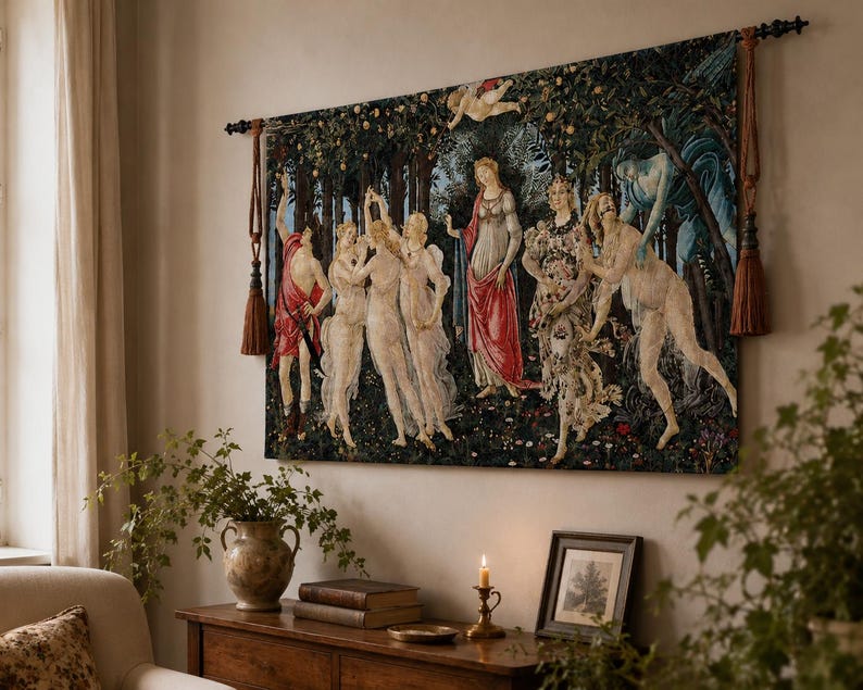 May include: A rectangular wall tapestry featuring a reproduction of Botticelli's Primavera painting, depicting mythological figures in a dark forest setting. The tapestry is suspended from a dark metal rod with decorative brown tassels on each side.