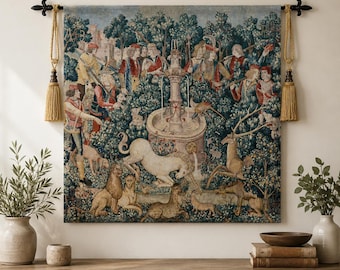 Unicorn Tapestry Wall Hanging: Medieval Renaissance Woven Art