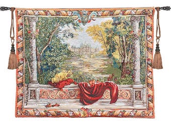 Vintage European Garden Tapestry: Classical Palace Landscape Wall Hanging
