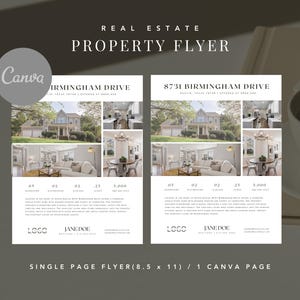 Pode incluir: Um folheto de imóveis para uma casa localizada na 8731 Birmingham Drive. O folheto apresenta fotos do exterior e do interior da casa, incluindo a sala de estar, a cozinha e o quintal. O folheto também inclui o endereço, a metragem quadrada e o preço da casa. O folheto é projetado em um estilo minimalista com um fundo branco e texto preto.