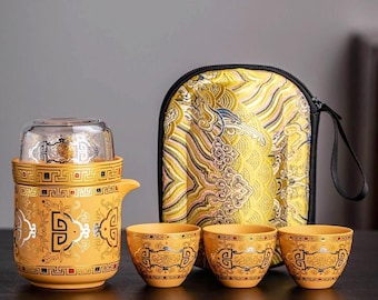 Juego de té japonés de cerámica, juego de té portátil de kung fu, juego de té de viaje, tetera y tazas aptas para exteriores, regalo para amantes del té.